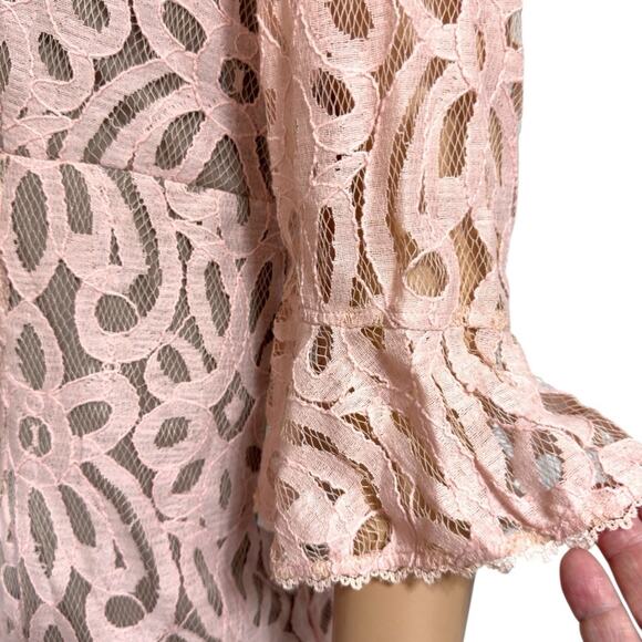 Empire Midi Dress 16 Pink Lace Overlay Bell Sleeve Event Bridal Party Fairy Boho - Picture 8 of 15